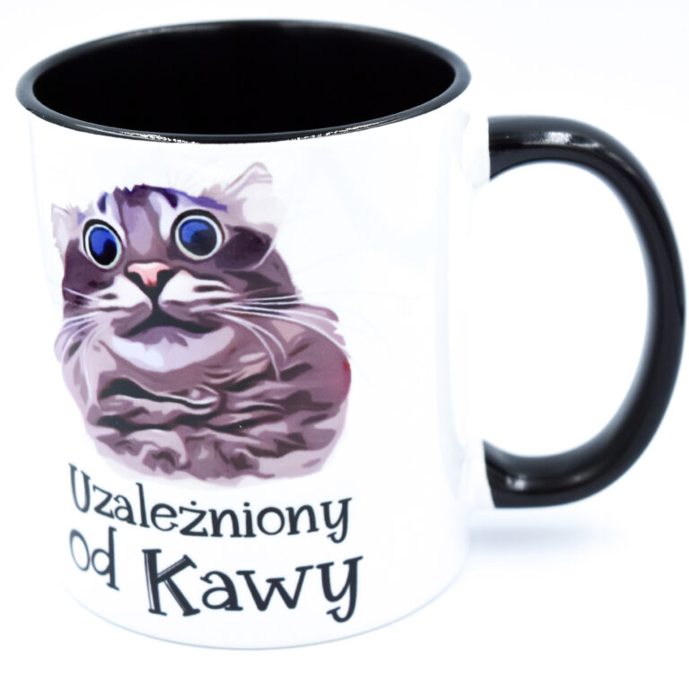 kubek z kotem Uzależniony od kawy czarny